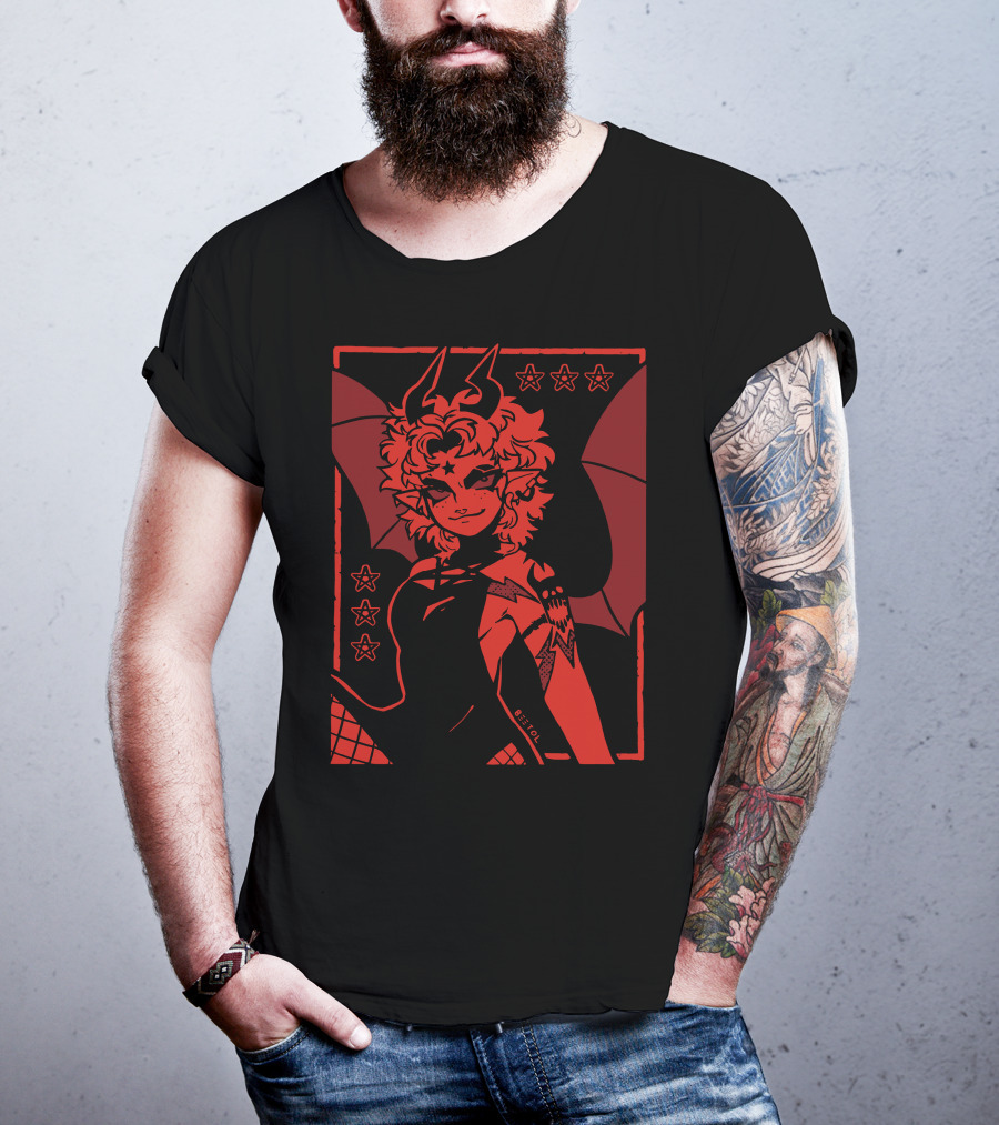 He's Satanic Red Devil Horned Figure With Bat Wings And Stars By Bitol T-Shirt