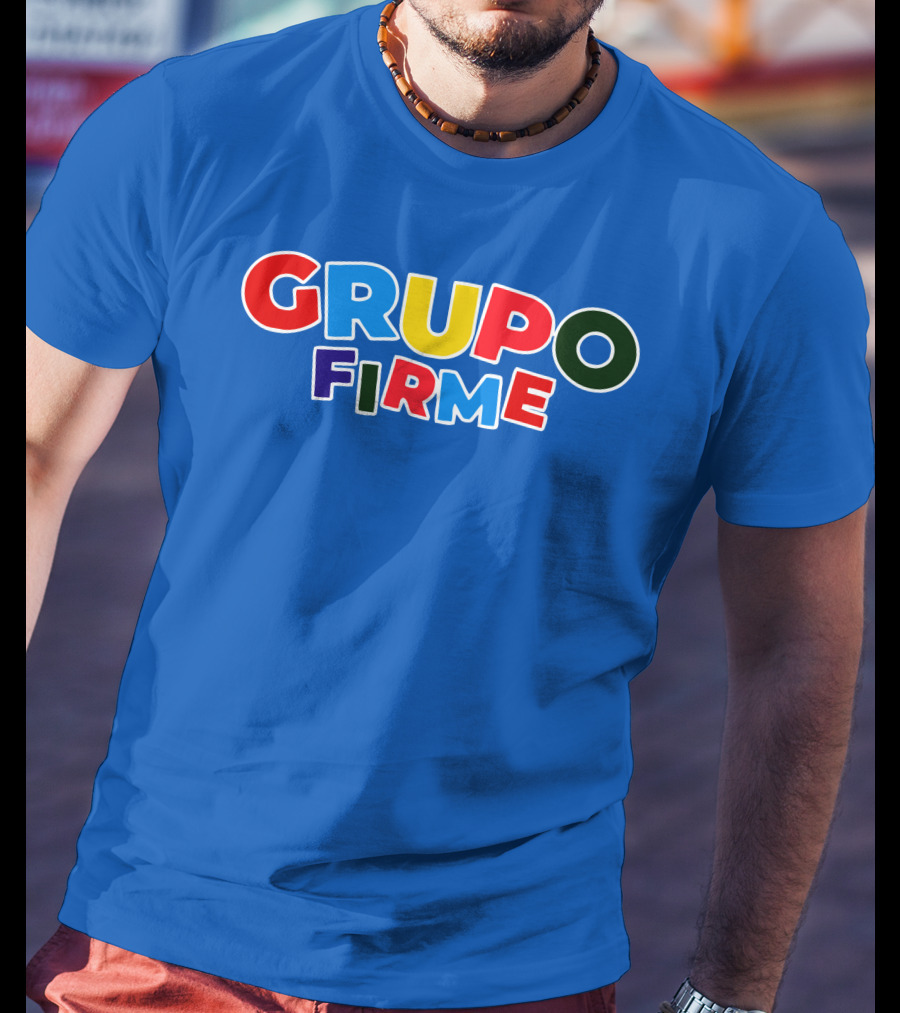 GRUPO FIRME Merch Bold Colorful Text On Blue T-Shirt
