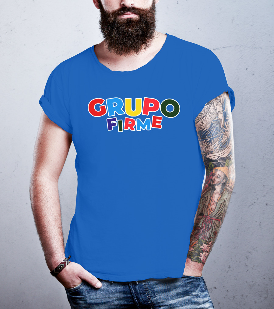 GRUPO FIRME Merch Bold Colorful Text On Blue T-Shirt