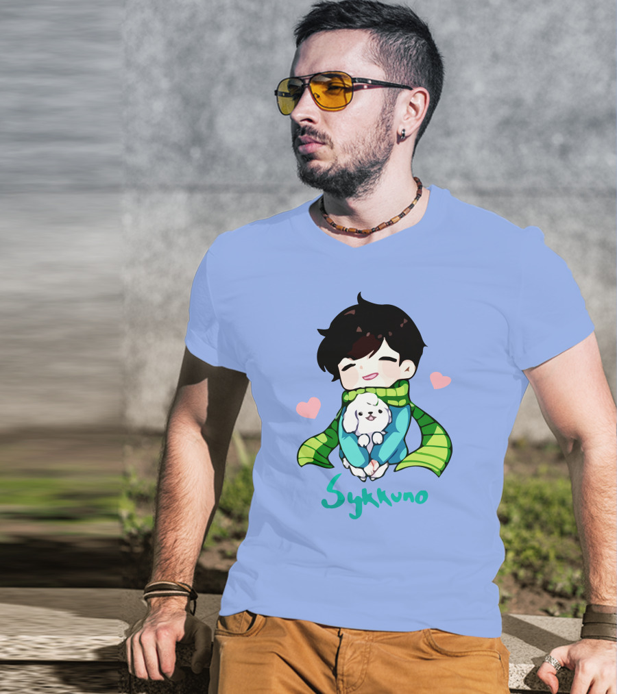 Sykkuno Cute Chibi Character With Puppy And Green Scarf T-Shirt