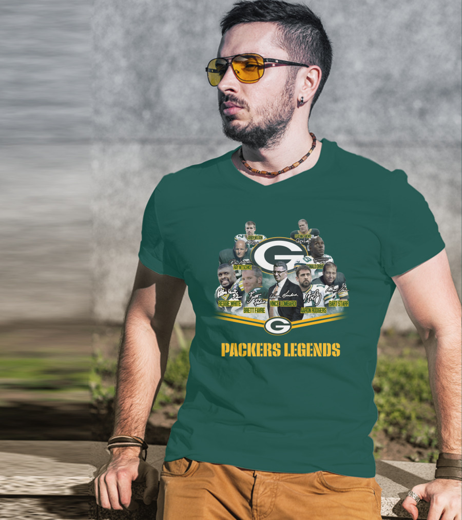 Packers Legends Vince Lombardi Reggie White Brett Favre Aaron Rodgers Ray Nitschke Bart Starr Curly Lambeau Paul Hornung T-Shirt