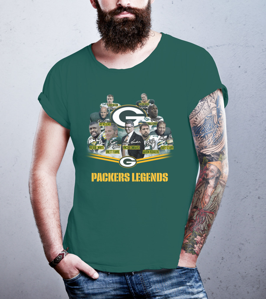 Packers Legends Vince Lombardi Reggie White Brett Favre Aaron Rodgers Ray Nitschke Bart Starr Curly Lambeau Paul Hornung T-Shirt