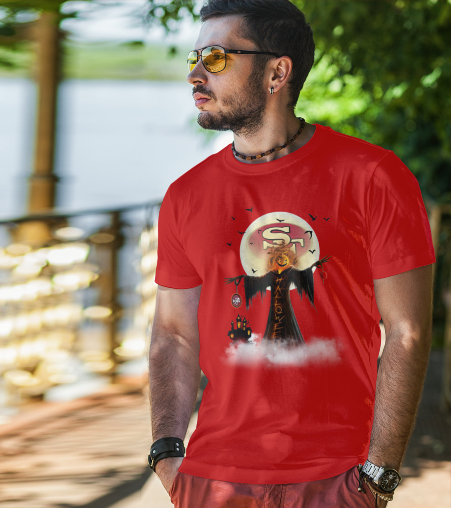 Halloween Scarecrow With Sf Logo And Haunted Castle T-Shirt