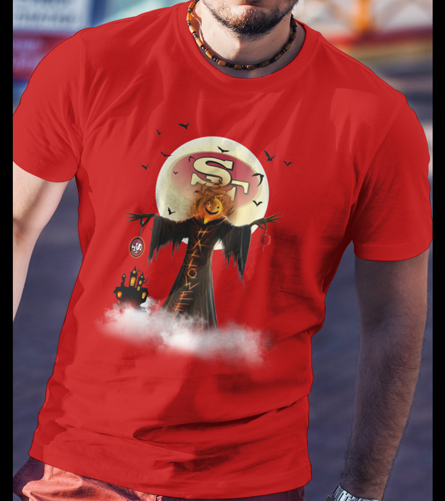 Halloween Scarecrow With Sf Logo And Haunted Castle T-Shirt