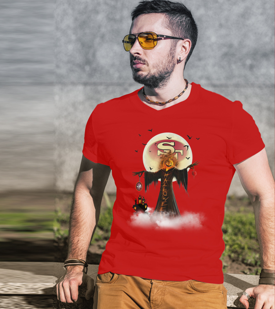 Halloween Scarecrow With Sf Logo And Haunted Castle T-Shirt
