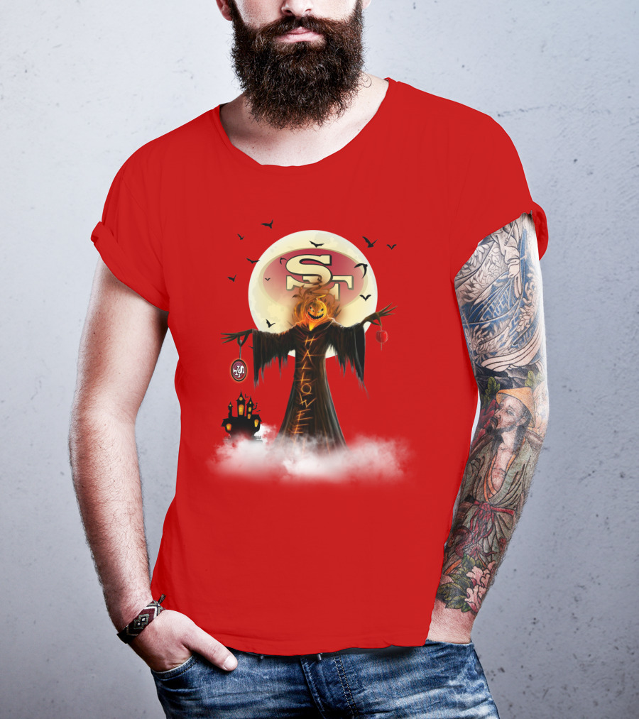Halloween Scarecrow With Sf Logo And Haunted Castle T-Shirt