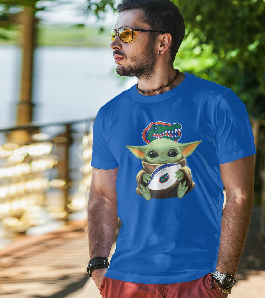 Baby Yoda Holding Football With Gators Logo T-Shirt
