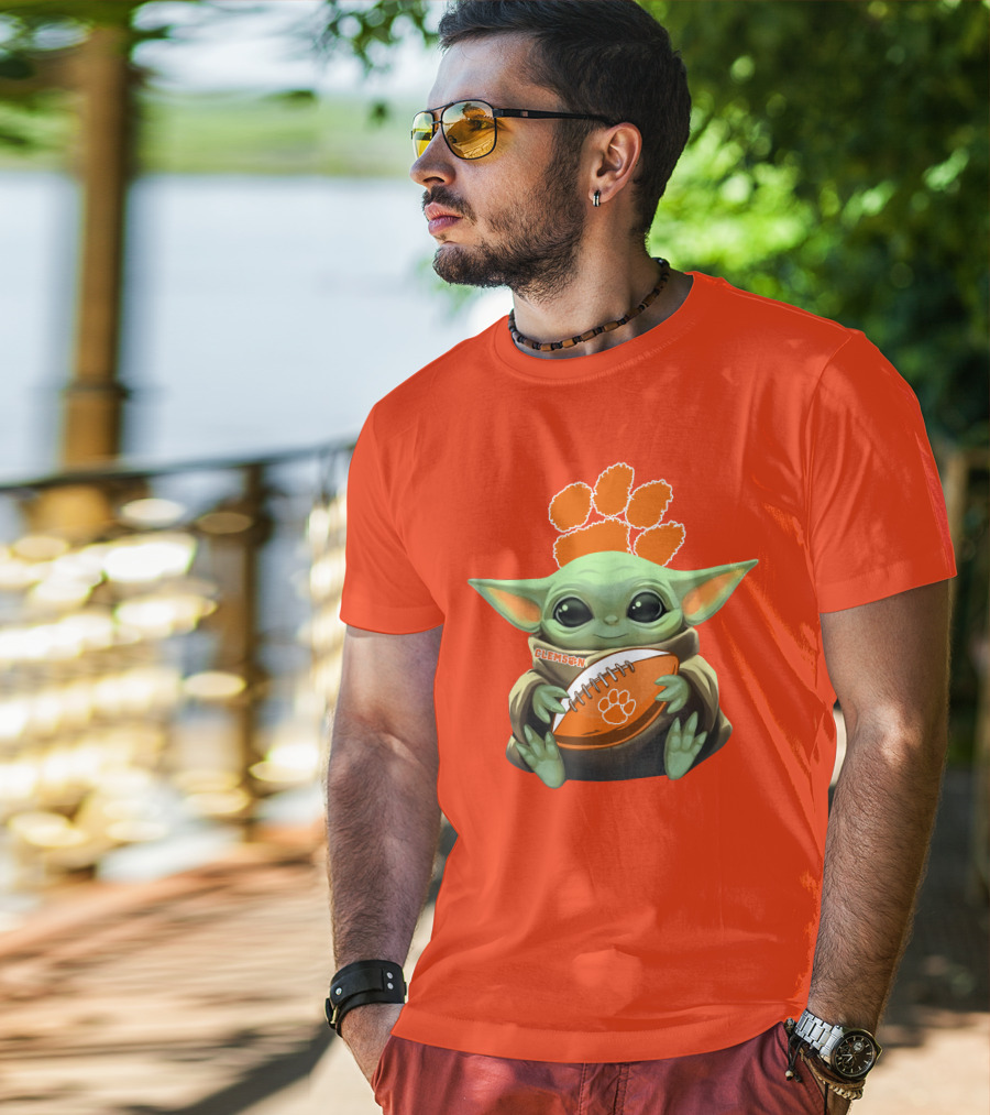 Clemson Orange Paw Baby Yoda Football T-Shirt