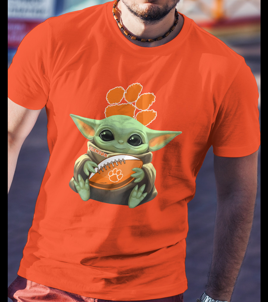 Clemson Orange Paw Baby Yoda Football T-Shirt