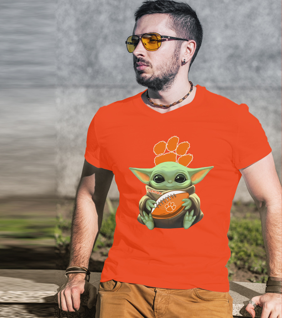 Clemson Orange Paw Baby Yoda Football T-Shirt