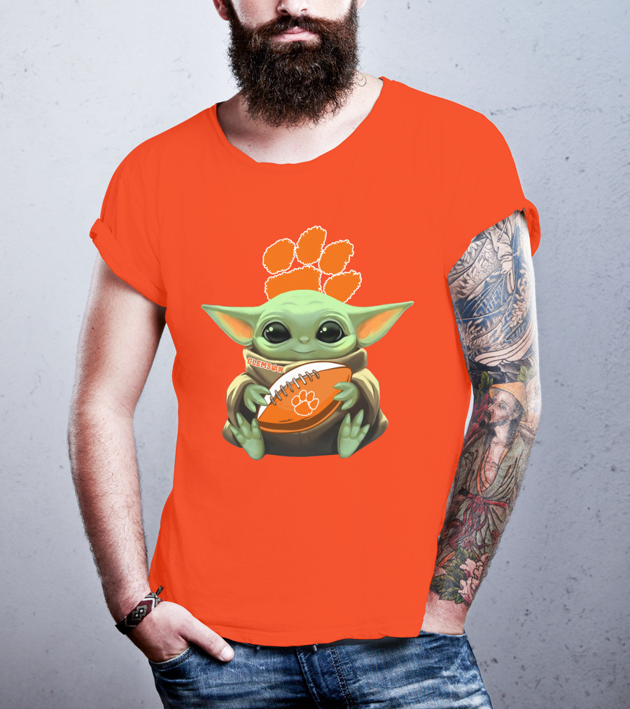 Clemson Orange Paw Baby Yoda Football T-Shirt