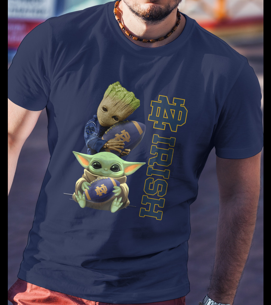 Notre Dame Irish Baby Groot And Baby Yoda Football T-Shirt