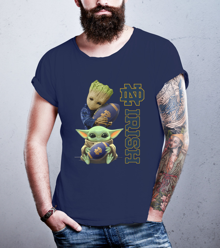 Notre Dame Irish Baby Groot And Baby Yoda Football T-Shirt