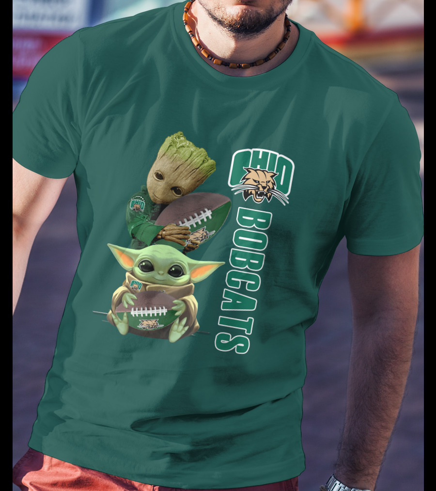Ohio Bobcats Grogu And Groot Football T-Shirt