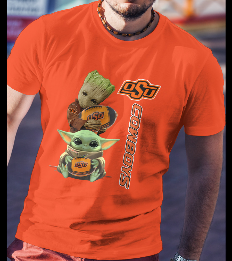 Osu Cowboys Groot And Baby Yoda Hugging Football T-Shirt