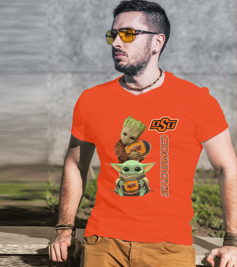 Osu Cowboys Groot And Baby Yoda Hugging Football T-Shirt