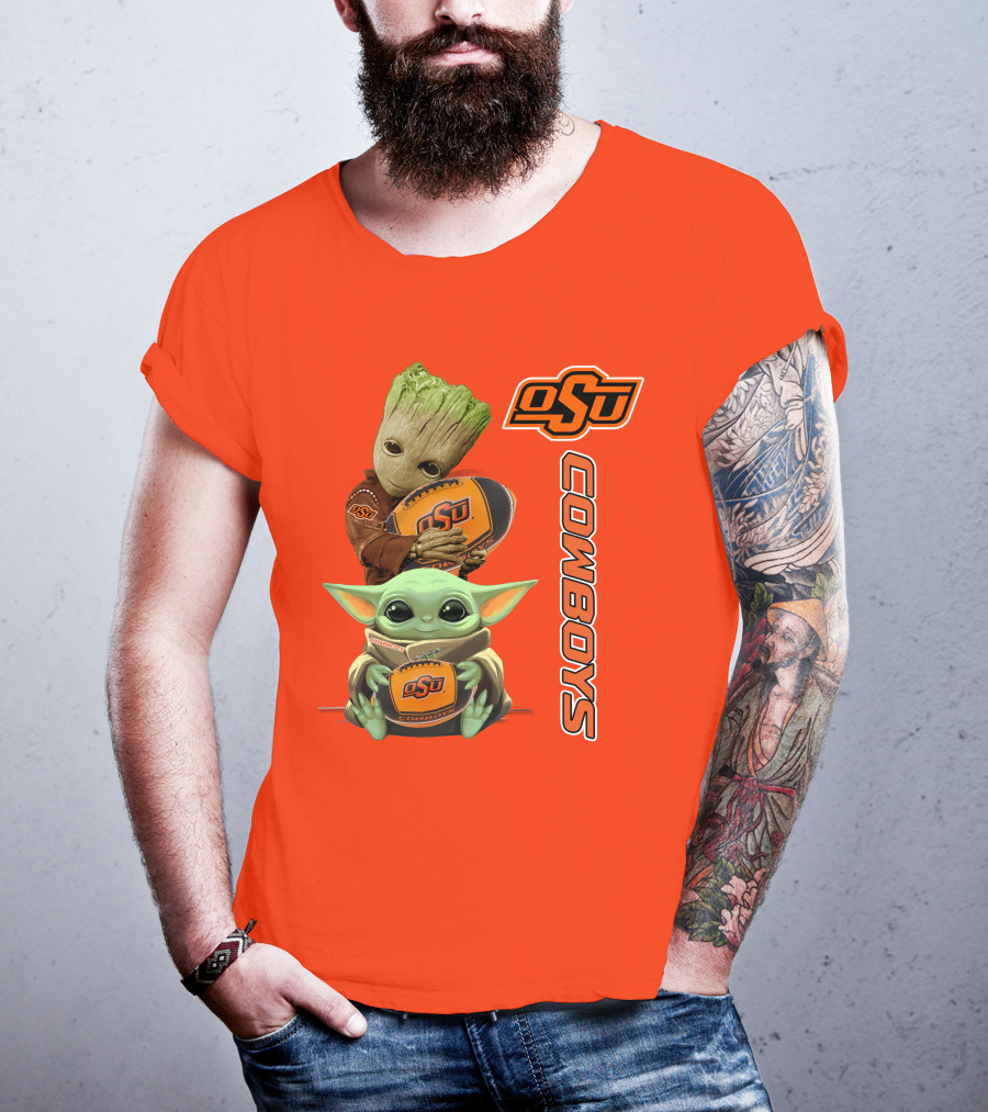 Osu Cowboys Groot And Baby Yoda Hugging Football T-Shirt