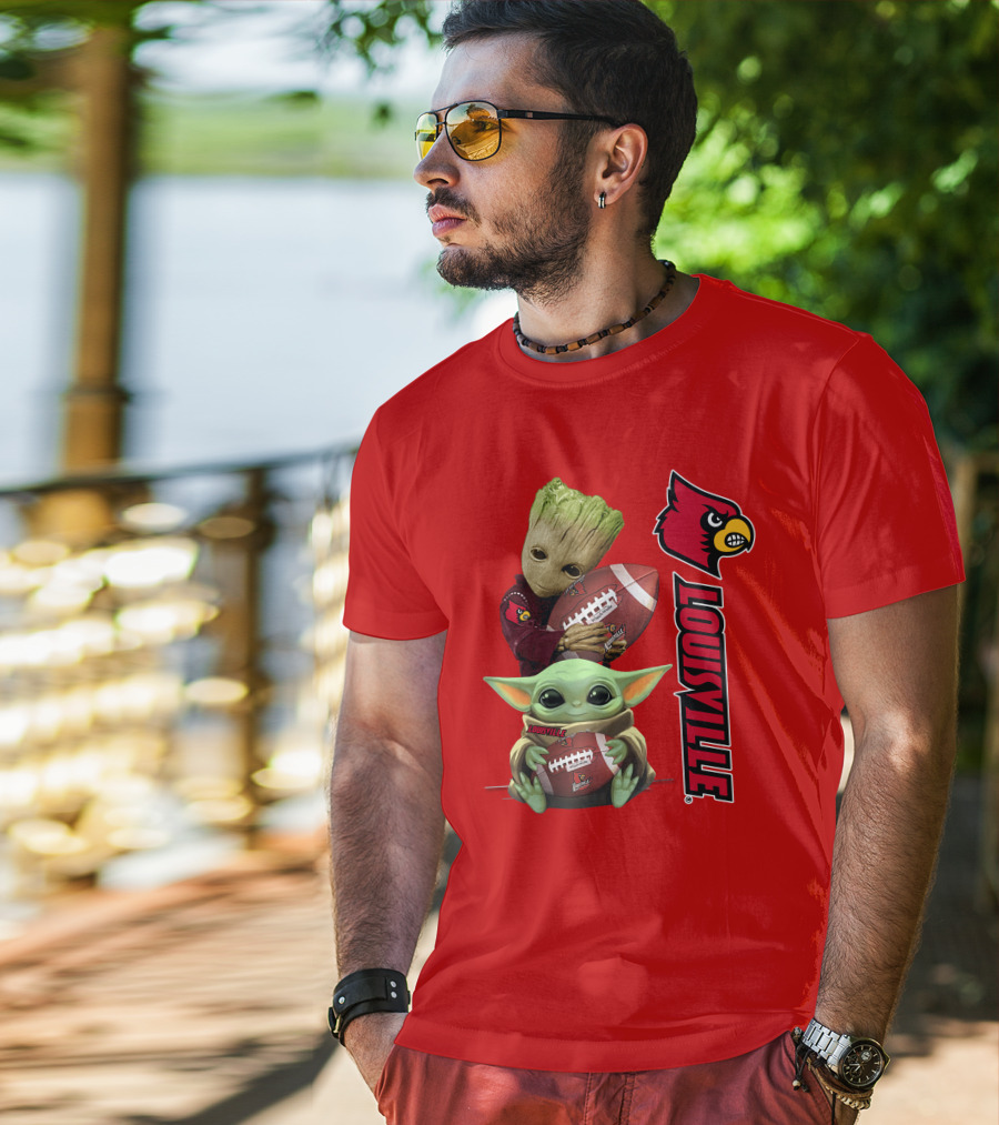 Groot Baby Yoda Holding Football Louisville Cardinals T-Shirt
