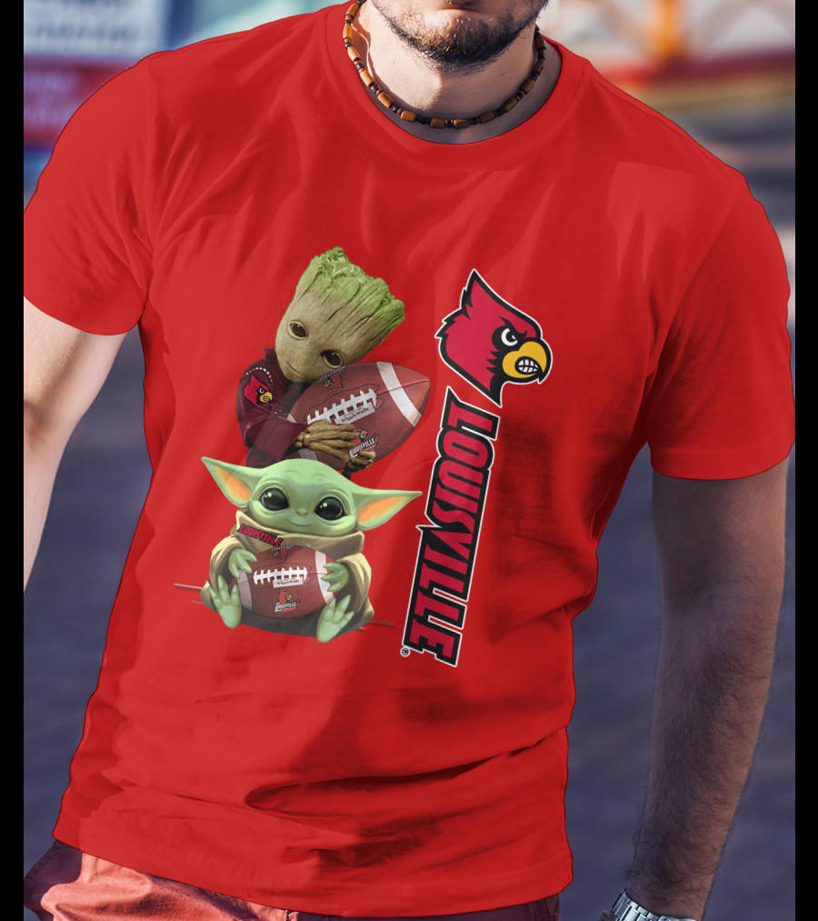 Groot Baby Yoda Holding Football Louisville Cardinals T-Shirt