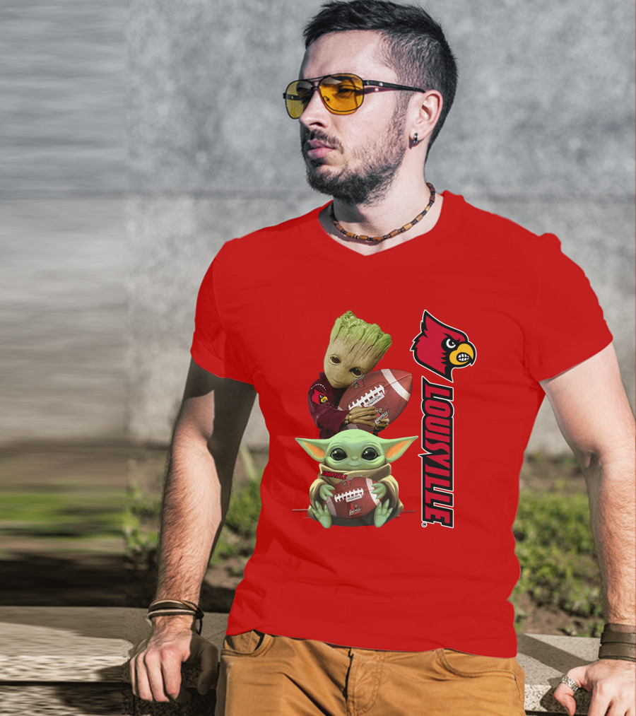 Groot Baby Yoda Holding Football Louisville Cardinals T-Shirt