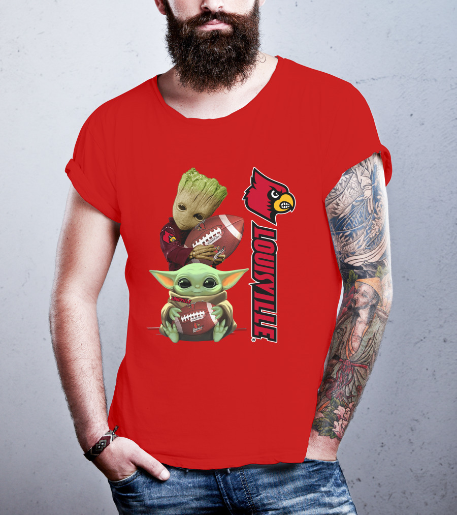 Groot Baby Yoda Holding Football Louisville Cardinals T-Shirt