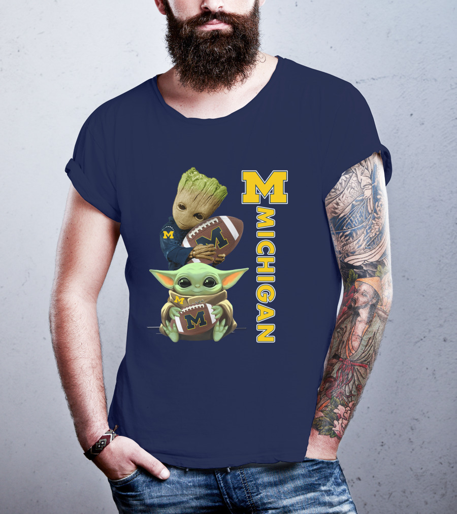 M Michigan Groot Baby Yoda Football T-Shirt