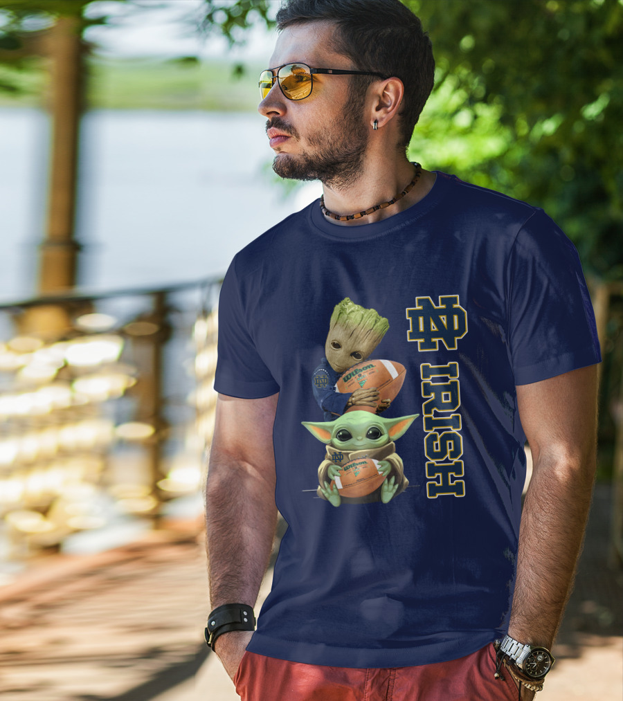 Notre Dame Irish Groot And Baby Yoda Holding Wilson Football T-Shirt