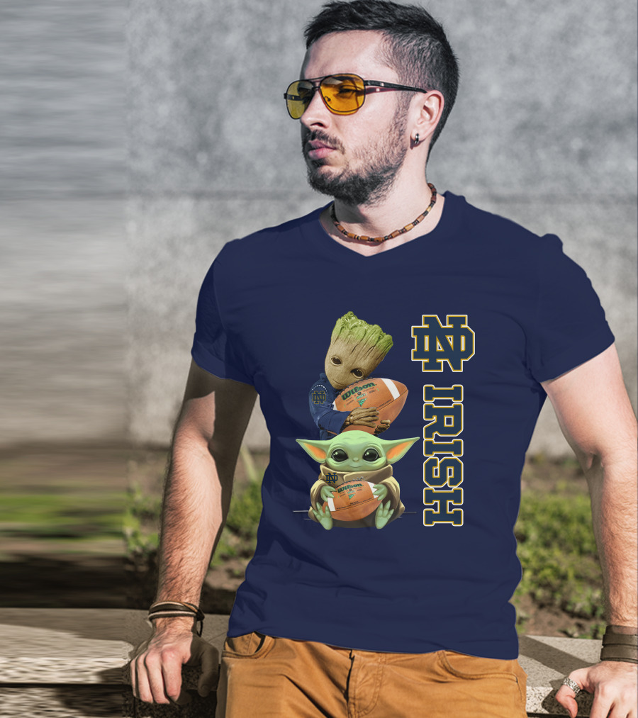 Notre Dame Irish Groot And Baby Yoda Holding Wilson Football T-Shirt
