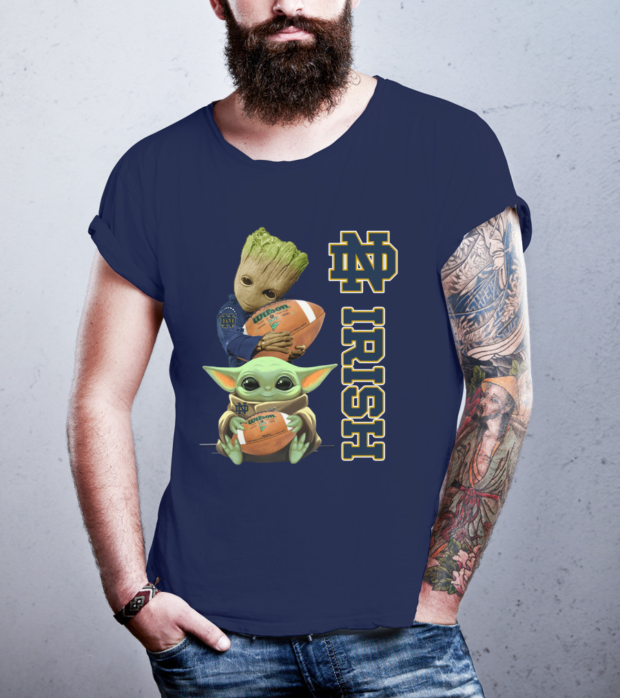 Notre Dame Irish Groot And Baby Yoda Holding Wilson Football T-Shirt