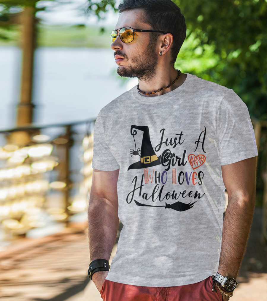 Just A Girl Who Loves Halloween Witch Hat And Broom With Spider And Heart T-Shirt