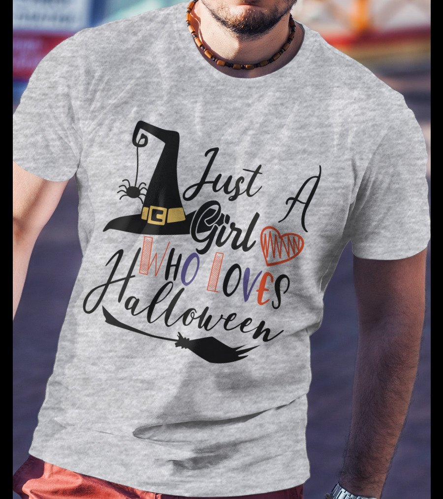 Just A Girl Who Loves Halloween Witch Hat And Broom With Spider And Heart T-Shirt