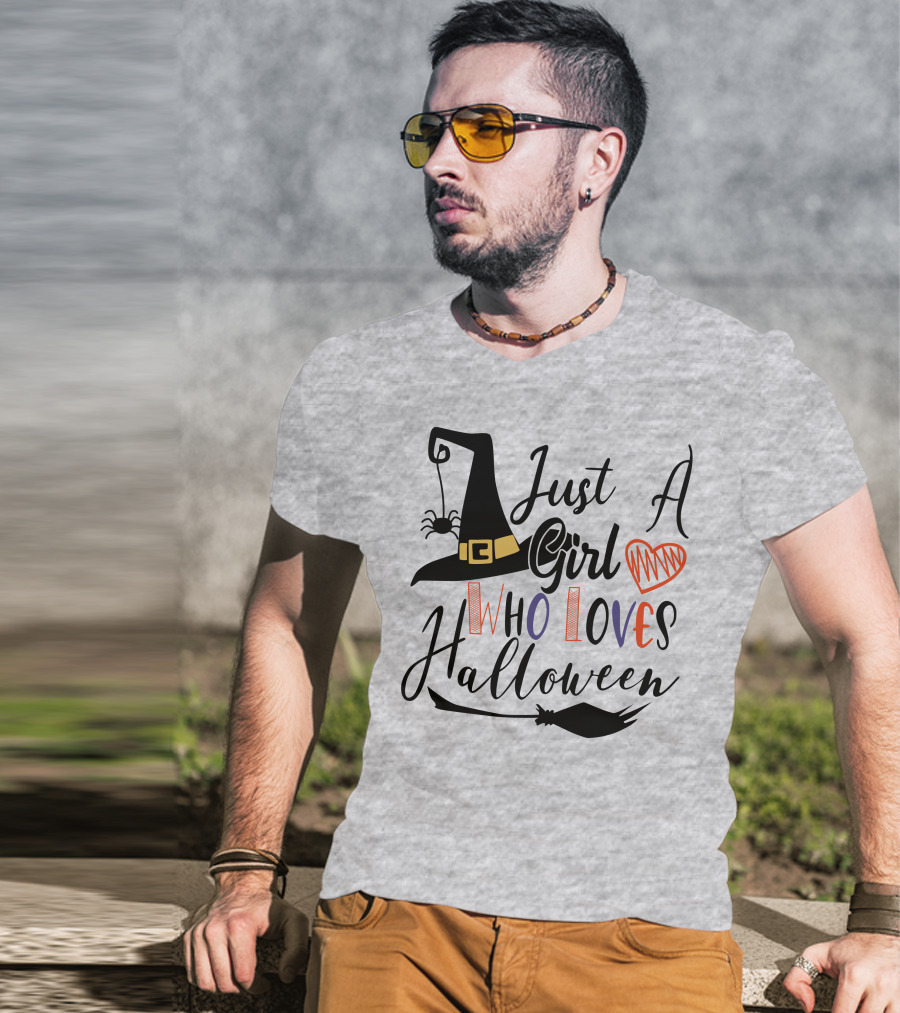 Just A Girl Who Loves Halloween Witch Hat And Broom With Spider And Heart T-Shirt