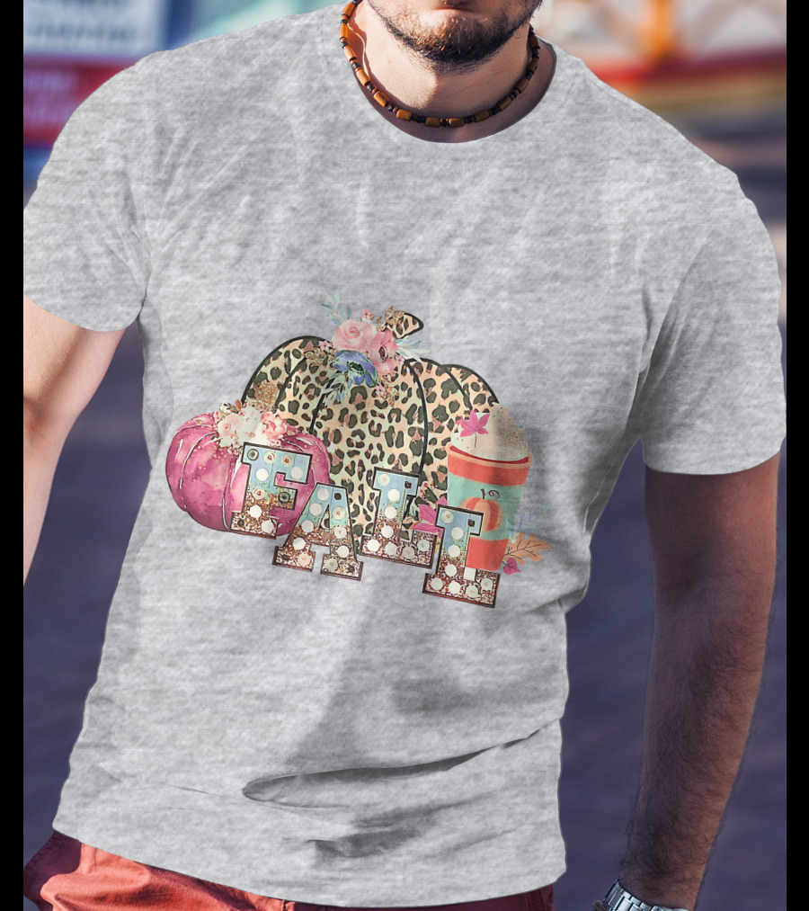 FALL Leopard Print Pumpkin With Coffee Latte And Flowers T-Shirt