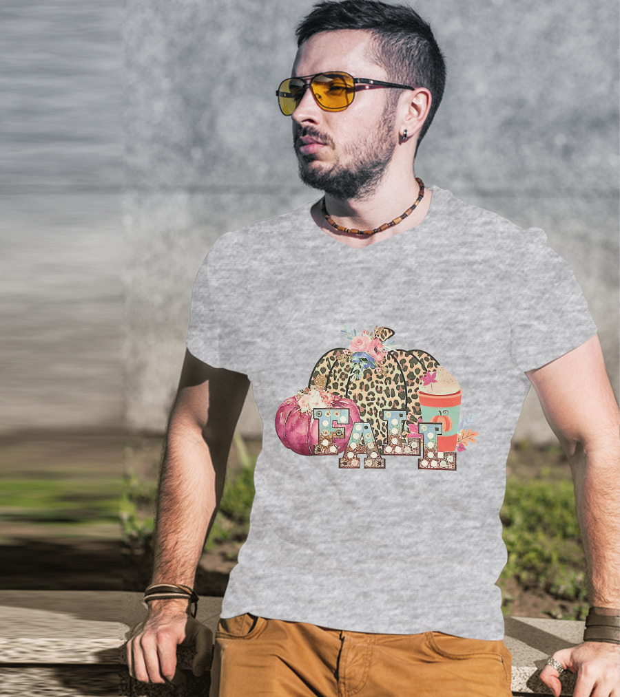 FALL Leopard Print Pumpkin With Coffee Latte And Flowers T-Shirt