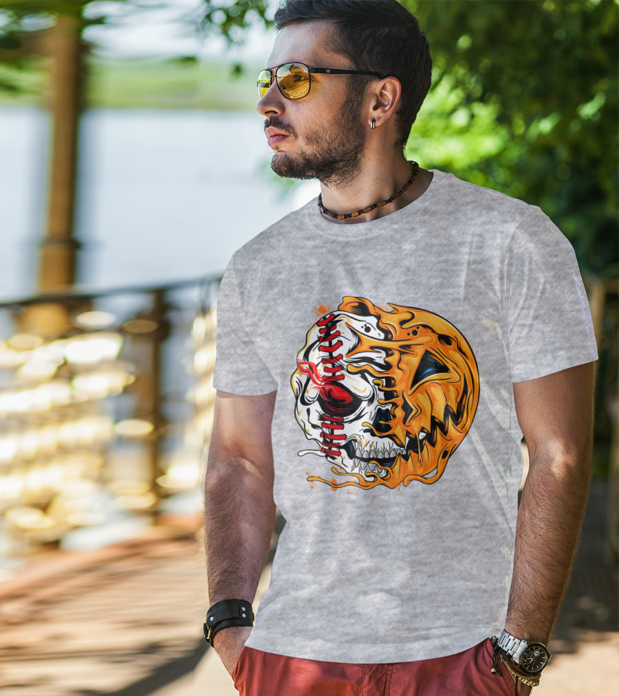 Baseball Pumpkin Skull Halloween Fusion T-Shirt