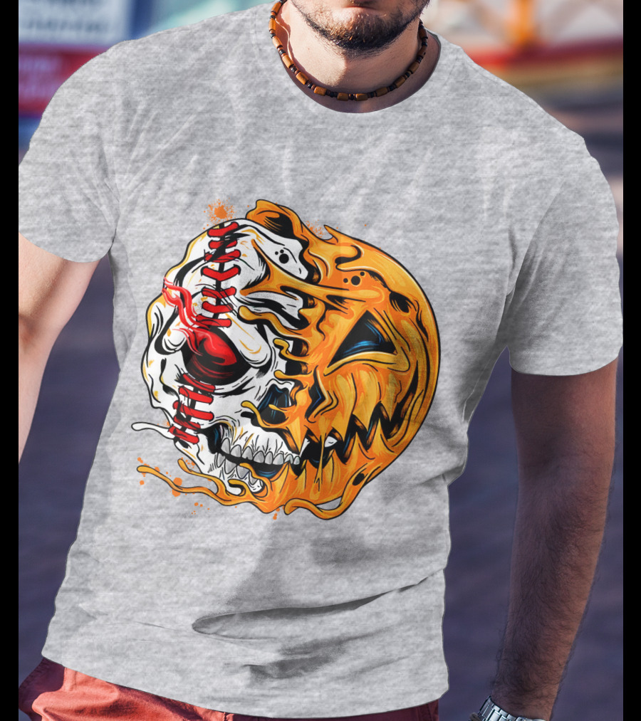 Baseball Pumpkin Skull Halloween Fusion T-Shirt