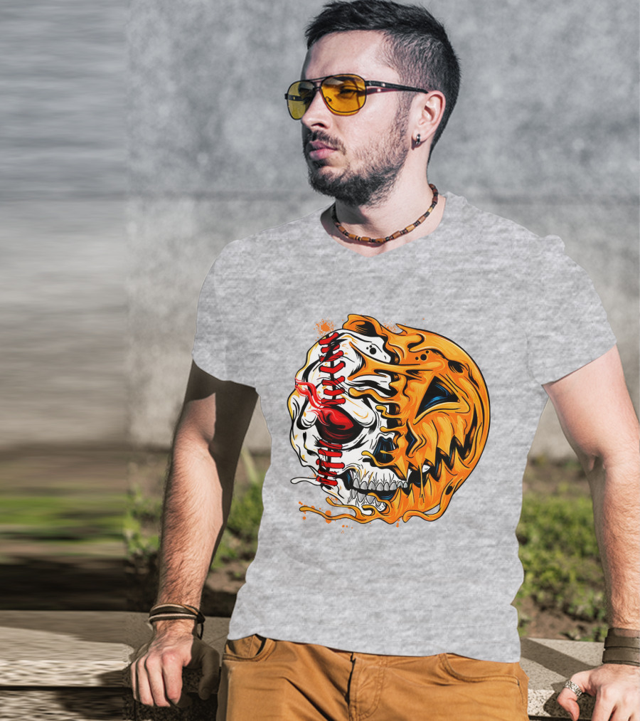 Baseball Pumpkin Skull Halloween Fusion T-Shirt