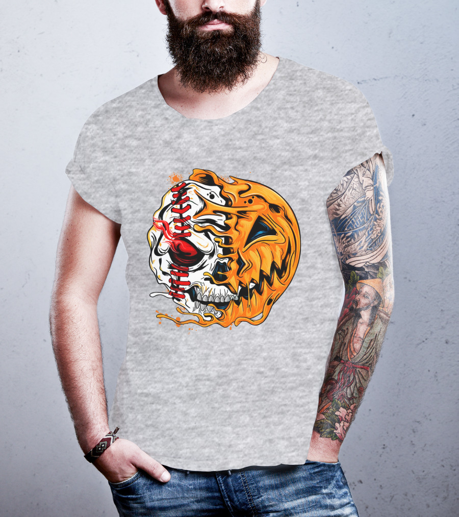 Baseball Pumpkin Skull Halloween Fusion T-Shirt