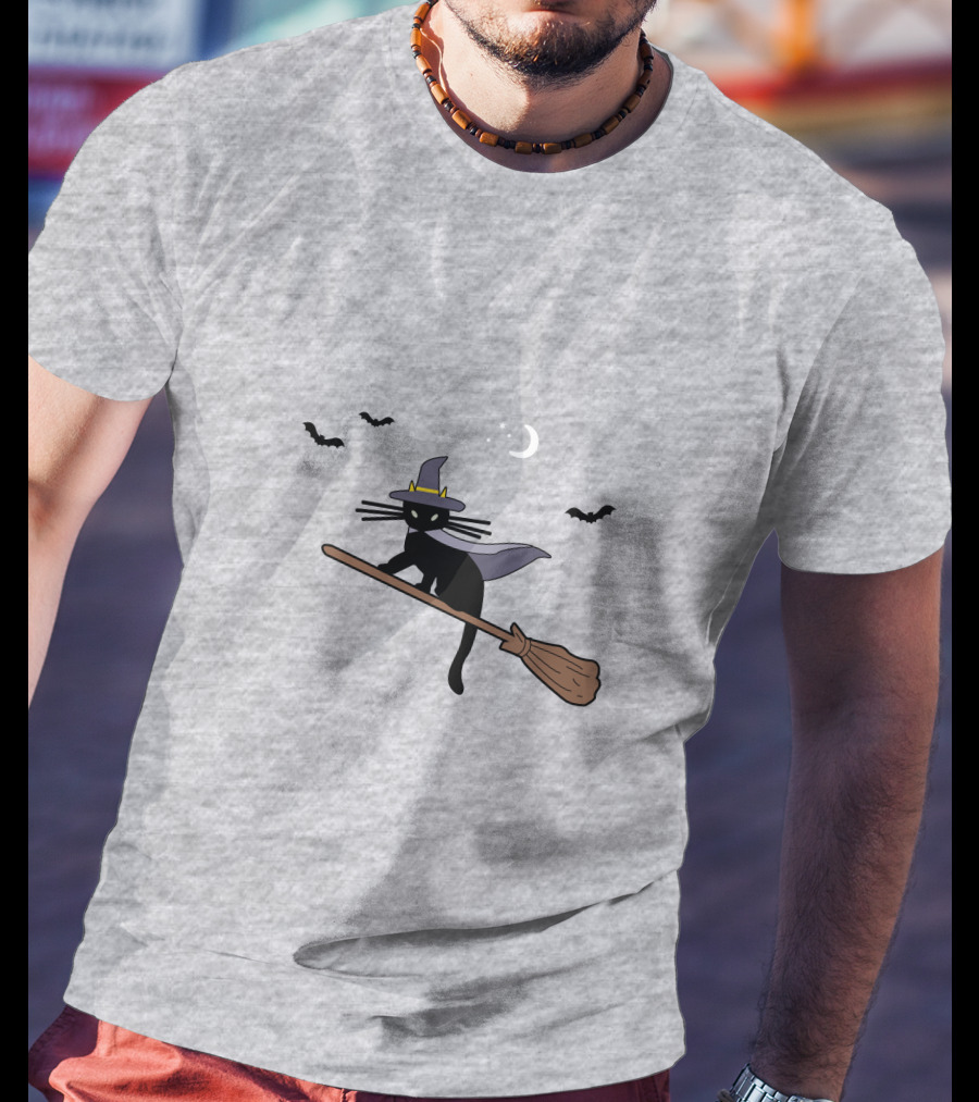 Black Cat Halloween Hocus Pocus Magic Broomstick Bat Lover T-Shirt