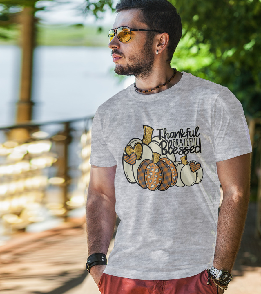 Thankful Grateful Blessed Leopard Pumpkin Thanksgiving T-Shirt