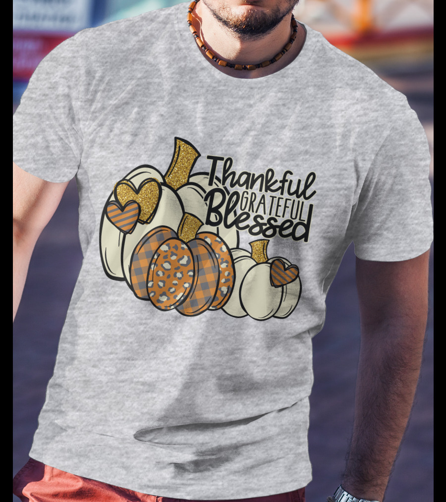 Thankful Grateful Blessed Leopard Pumpkin Thanksgiving T-Shirt