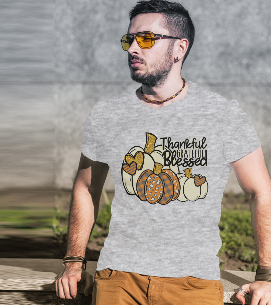 Thankful Grateful Blessed Leopard Pumpkin Thanksgiving T-Shirt