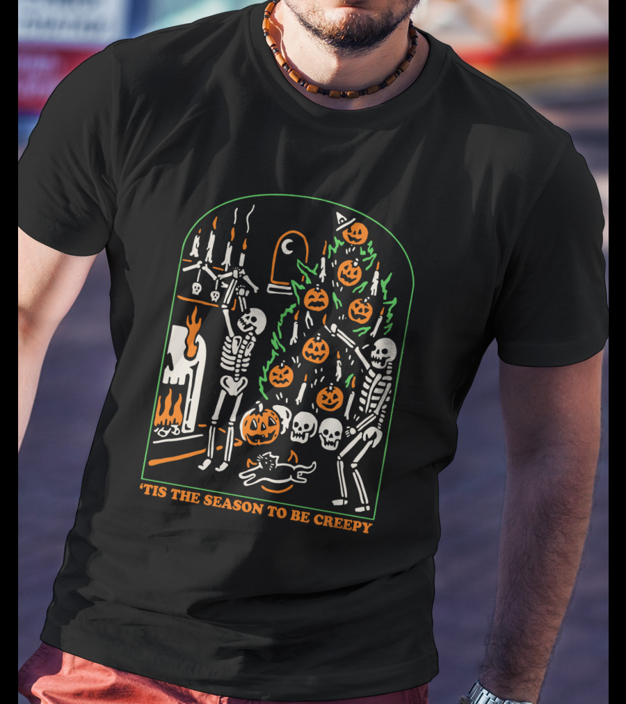 'Tis The Season To Be Creepy Skeletons By The Halloween Fireplace With Skull And Pumpkin Tree T-Shirt