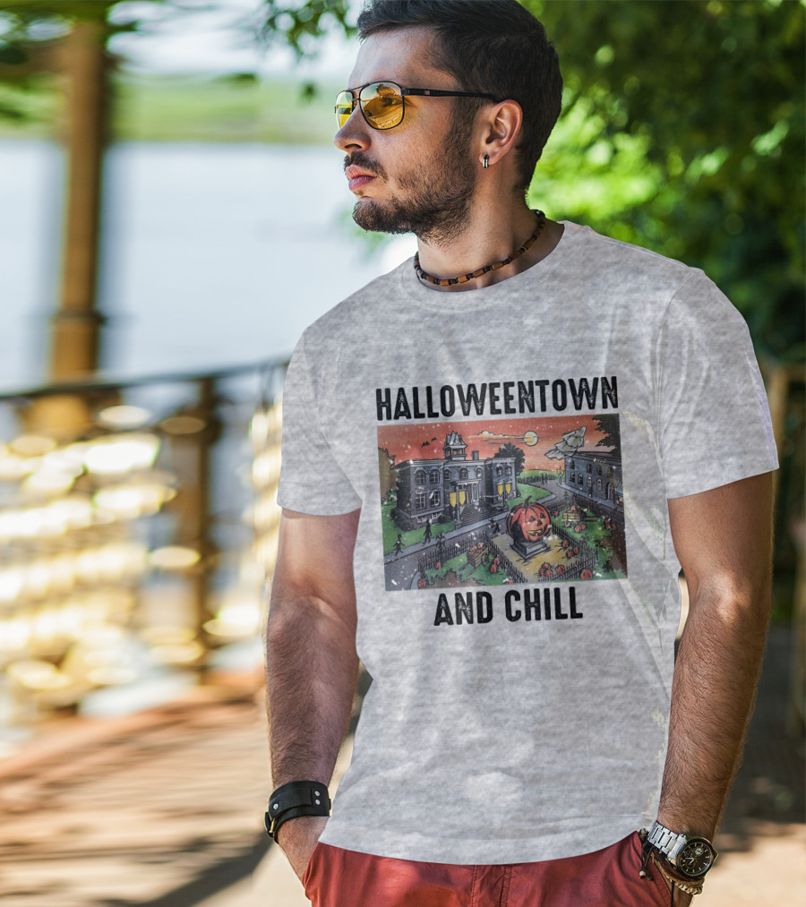Halloweentown And Chill Spooky Town Scene With Lit Pumpkin Statue T-Shirt