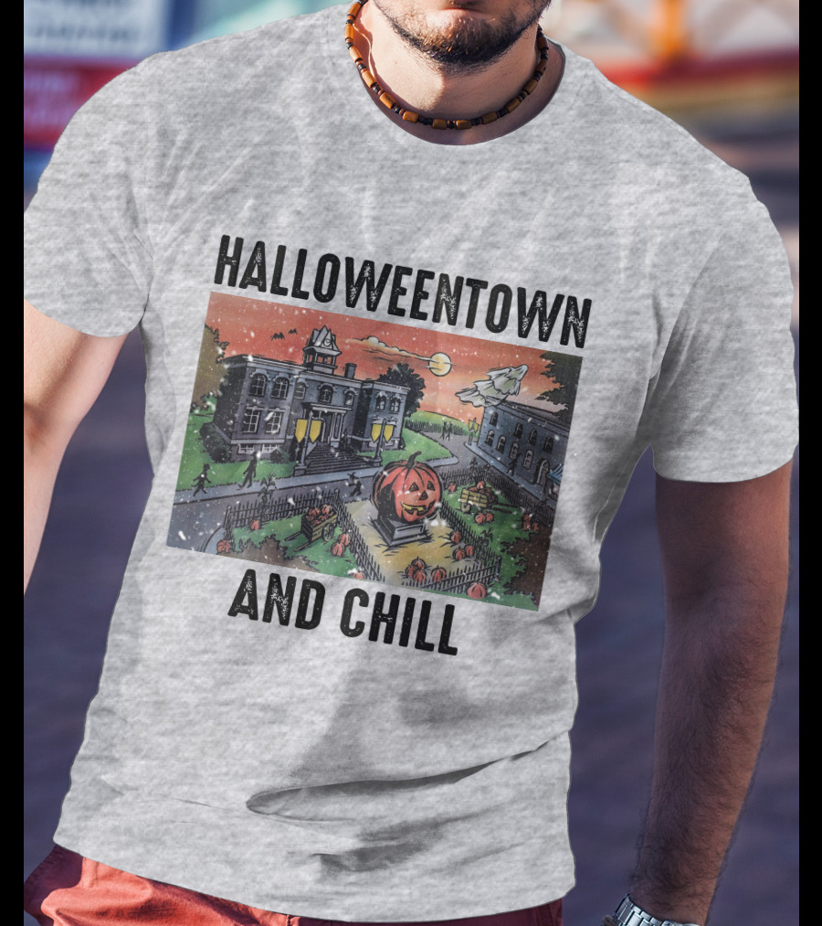 Halloweentown And Chill Spooky Town Scene With Lit Pumpkin Statue T-Shirt