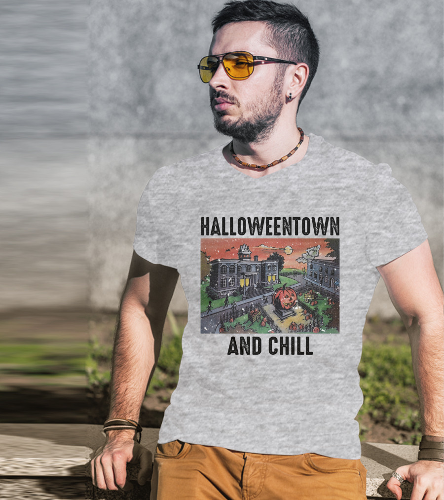 Halloweentown And Chill Spooky Town Scene With Lit Pumpkin Statue T-Shirt