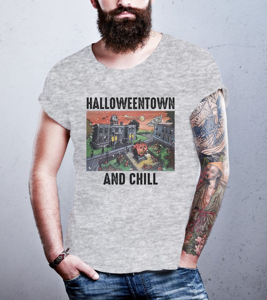 Halloweentown And Chill Spooky Town Scene With Lit Pumpkin Statue T-Shirt