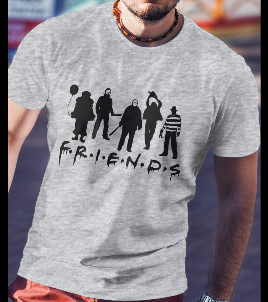 F.R.I.E.N.D.S Halloween Horror Movie Characters With Balloon And Stripes T-Shirt