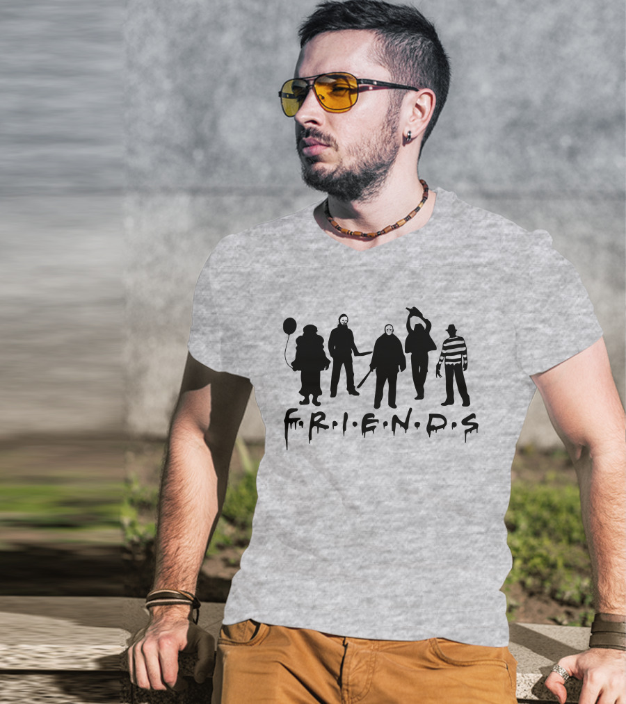 F.R.I.E.N.D.S Halloween Horror Movie Characters With Balloon And Stripes T-Shirt