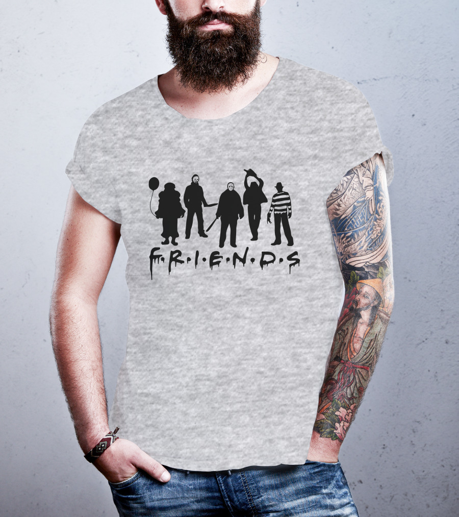 F.R.I.E.N.D.S Halloween Horror Movie Characters With Balloon And Stripes T-Shirt